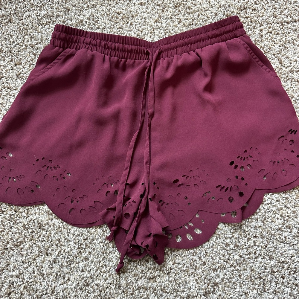 Brandy Melville Maroon Fabric Shorts with Scalloped Trim/Floral Cut Outs